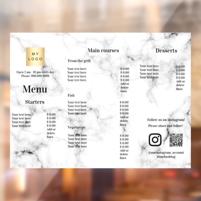 Menu price list restaurant bar cafe marble window cling (Sheet 2)