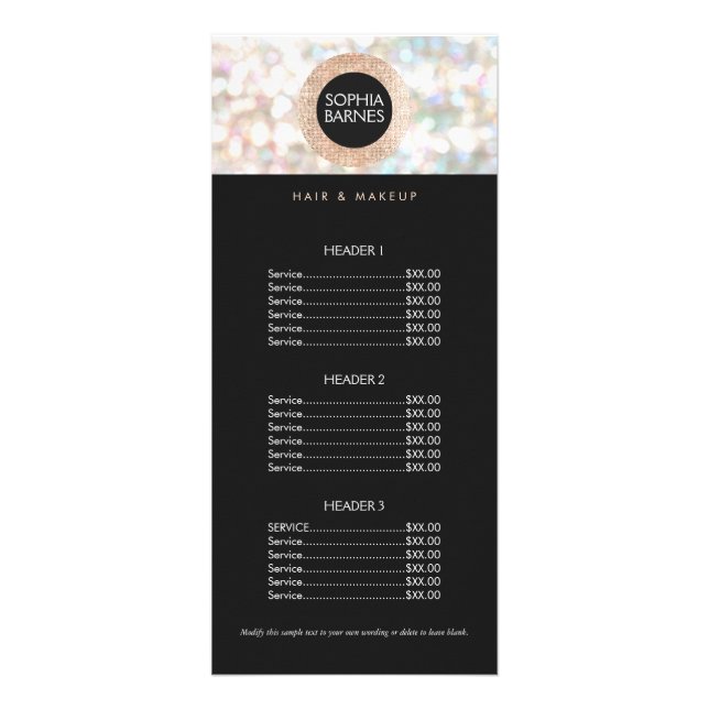 Menu Prix du Fun Bokeh et du Rose Gold Salon (Devant)