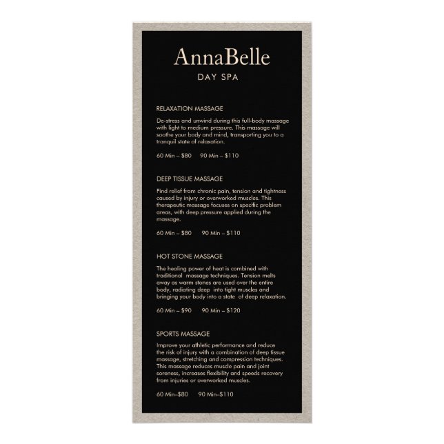 Menu Prix du Salon Spa noir Kraft Border (Devant)