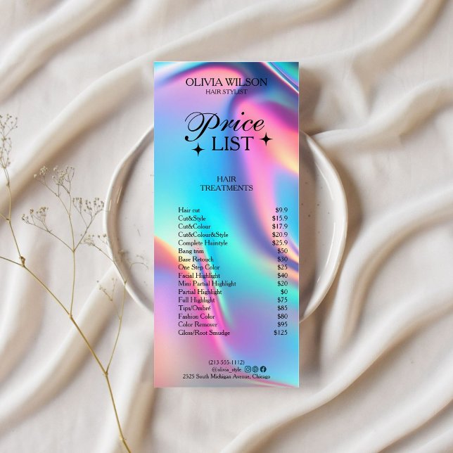 Menu Prix Holographique Esthétique (Holographic Aesthetician Price List Menu)