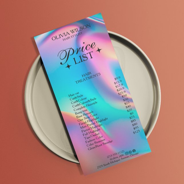 Menu Prix Holographique Esthétique (Holographic Aesthetician Price List Menu)
