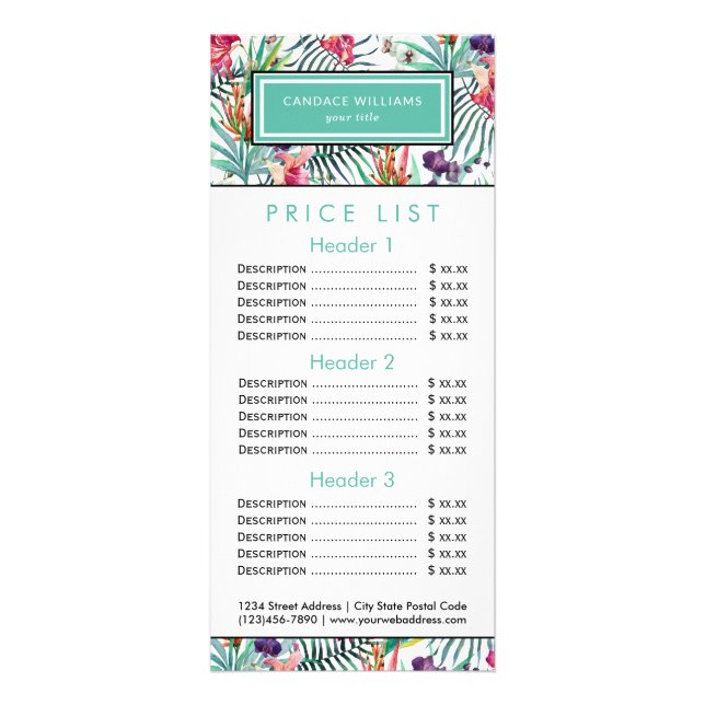 Menu Prix Motif Tropical Exotique (Devant)