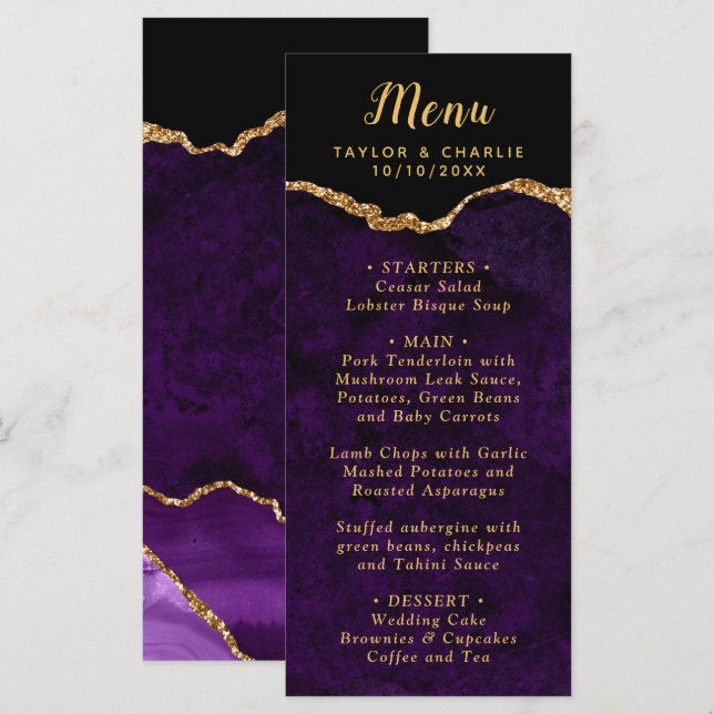 Menu Purple and Gold Agate Marble Wedding (Devant / Derrière)