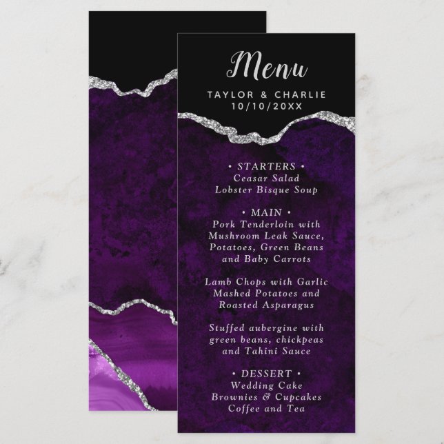 Menu Purple and Silver Agate Marble Wedding (Devant / Derrière)