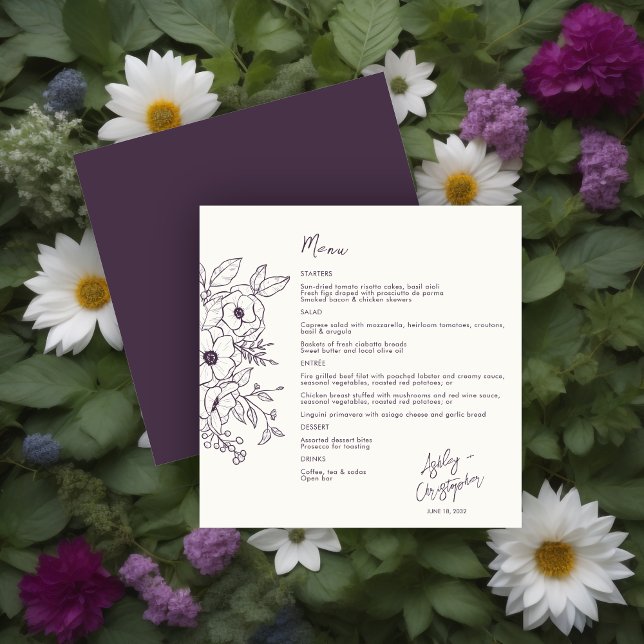 Menu Purple d'aubergine florale minimale sur Mariage bl (Créateur téléchargé)