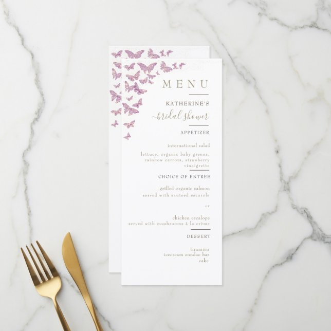 Menu Purple Gold Butterfly Boho Élégante Fête des marié (Devant/Arrière en situation)