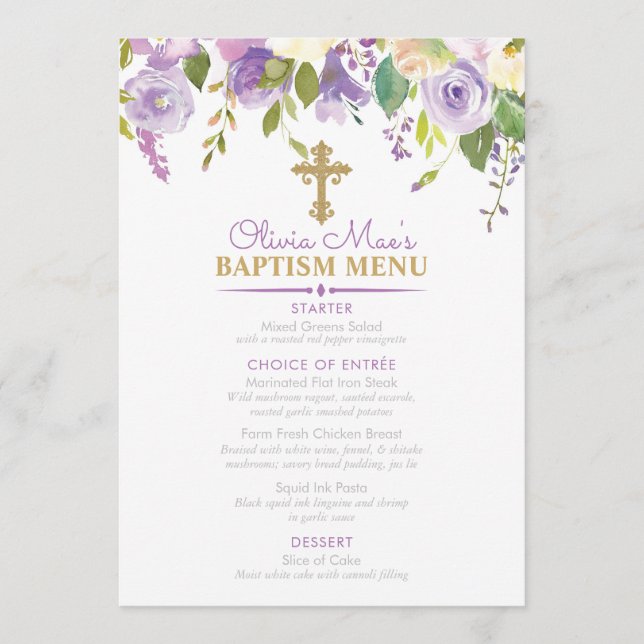 Menu Purple Peonies Girl Baptism Custom 5x7 Event (Devant)