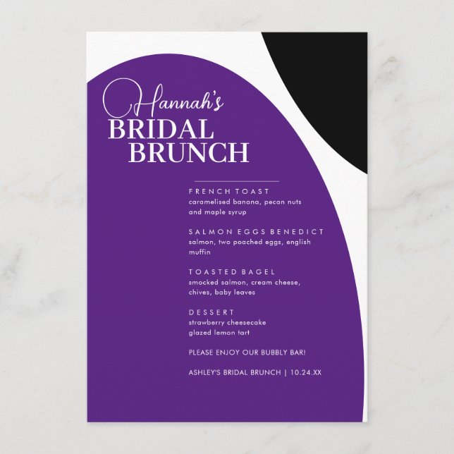 Menu Purple Script Minimal Bridal Brunch Menu (Devant)