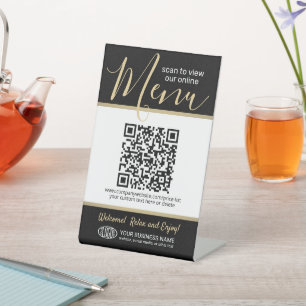 Menu QR Code Generator & Your Logo Black & Gold Pedestal Sign