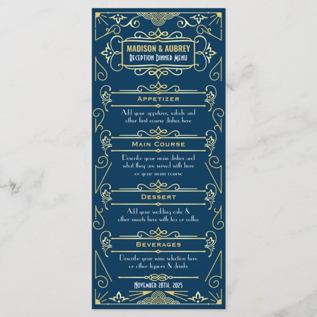 Menu Réception de mariage Art déco Dîner Gold Blue Food (Devant)