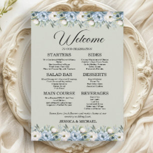 Menu Réception de mariage bleu poussiéreux floral et ve