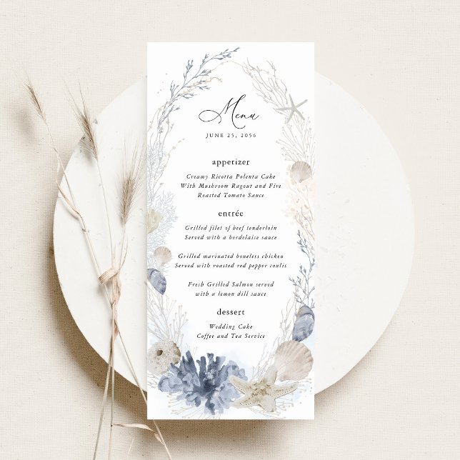 Menu Réception de mariage Blue Beach Coastal Seashell (Blue coastal wedding menu beach menu card seashell elegant destination wedding stationery)