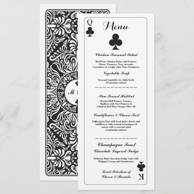Menu Réception de Mariage Cartes à Jouer As de Trè (Devant / Derrière)