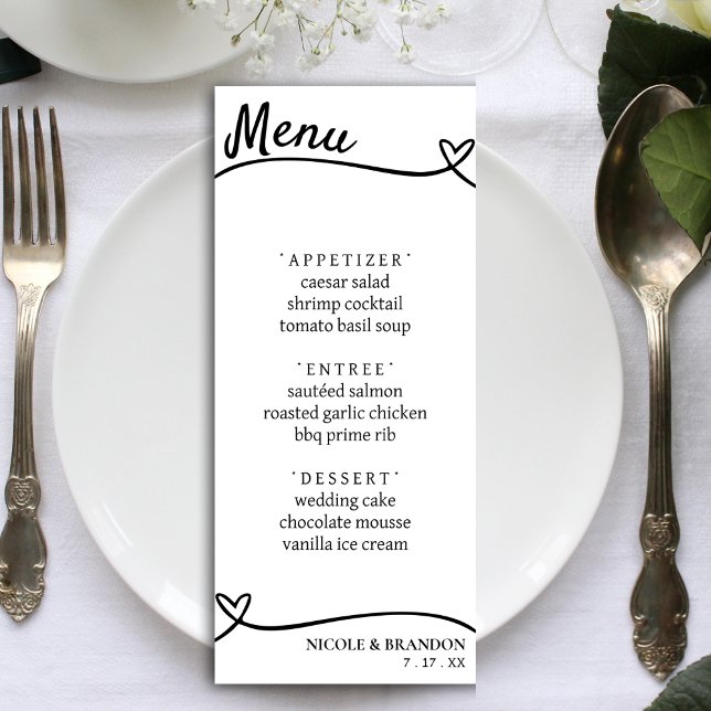 Menu Réception de mariage Coeur Blanc & Noir (White & Black Couple Heart Wedding Reception Menu)