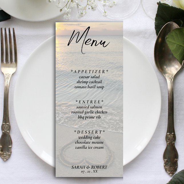 Menu Réception De Mariage De Coeur De Sable De Plage (Black Text Beach Sand Heart Wedding Reception Menu)