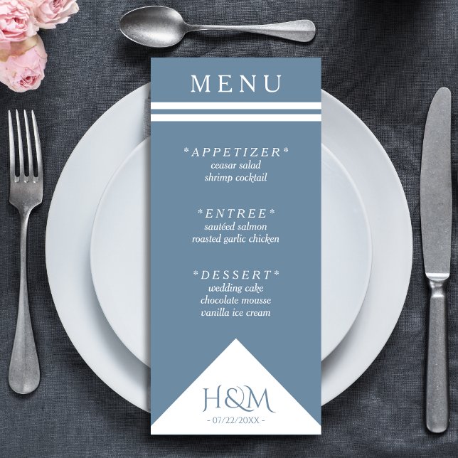 Menu Réception de mariage en bande géométrique bleu fon (dusty blue wedding menu)