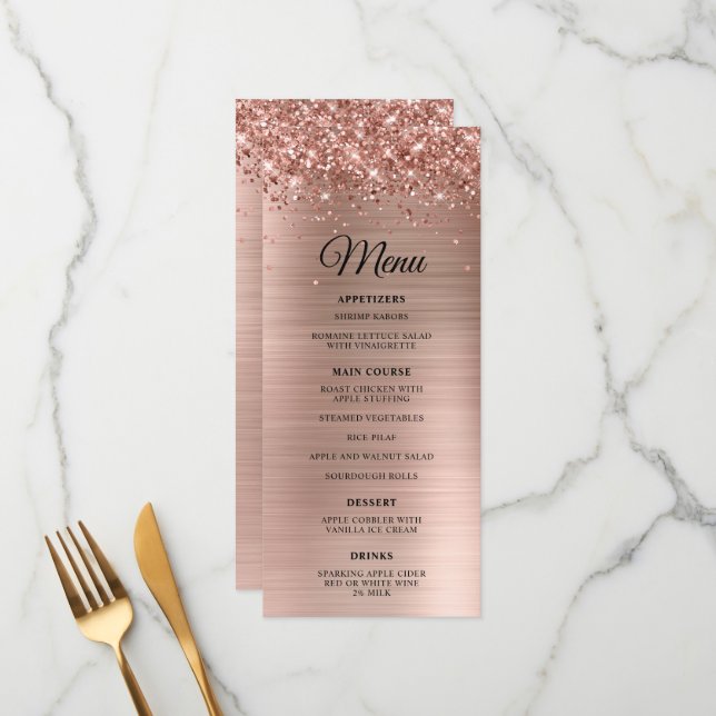 Menu Réception de mariage en feuille d'or rose scintill (Devant/Arrière en situation)