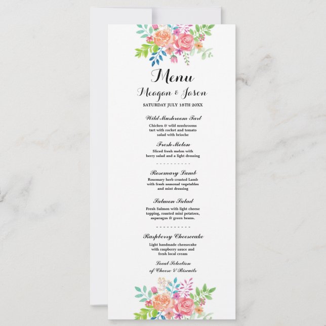 Menu Réception de Mariage Fleurs Élégantes Cartes (Devant)
