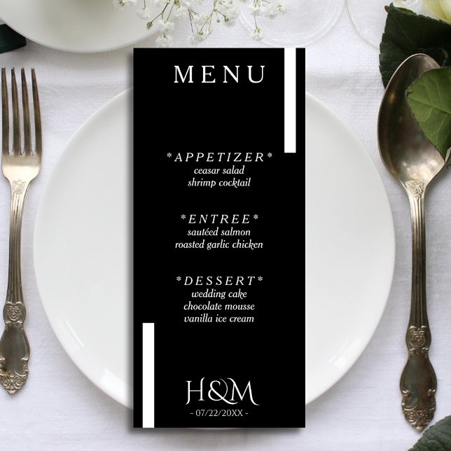 Menu Réception de mariage moderne en bande noire et bla (black and white wedding menu)