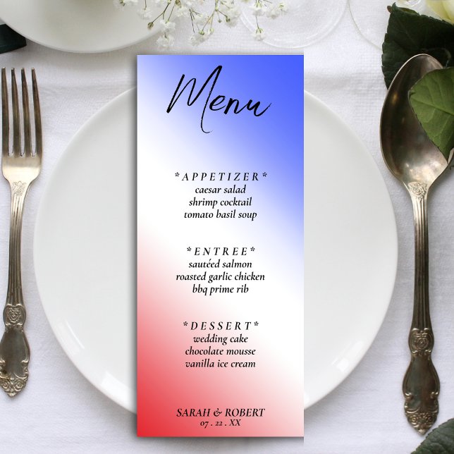 Menu Réception de mariage rouge blanc et bleu diagonal  (Red White & Blue Diagonal Ombre Wedding Reception Menu)