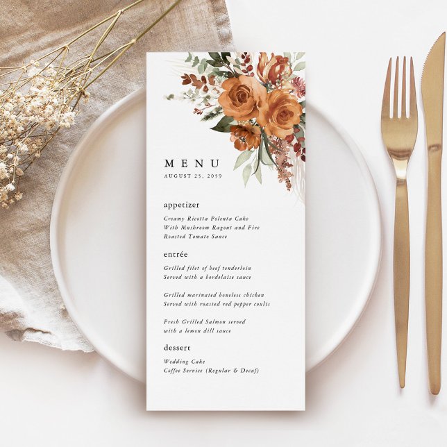 Menu Réception de mariage Terracotta Boho Rose Dîner (Terracotta rose floral wedding menu card with watercolor roses, elegant typography, table setting)