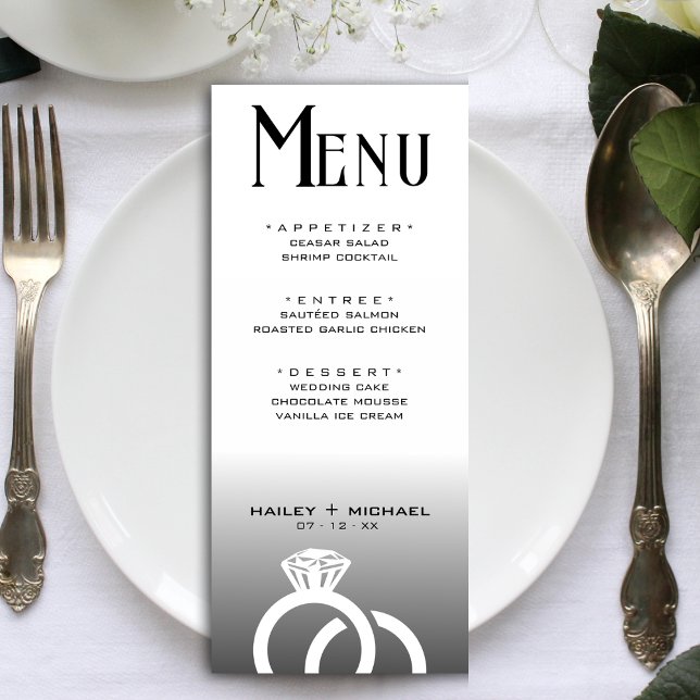 Menu Réception en anneau de Mariage noir et blanc (Black & White Ombre Wedding Ring Reception Menu)