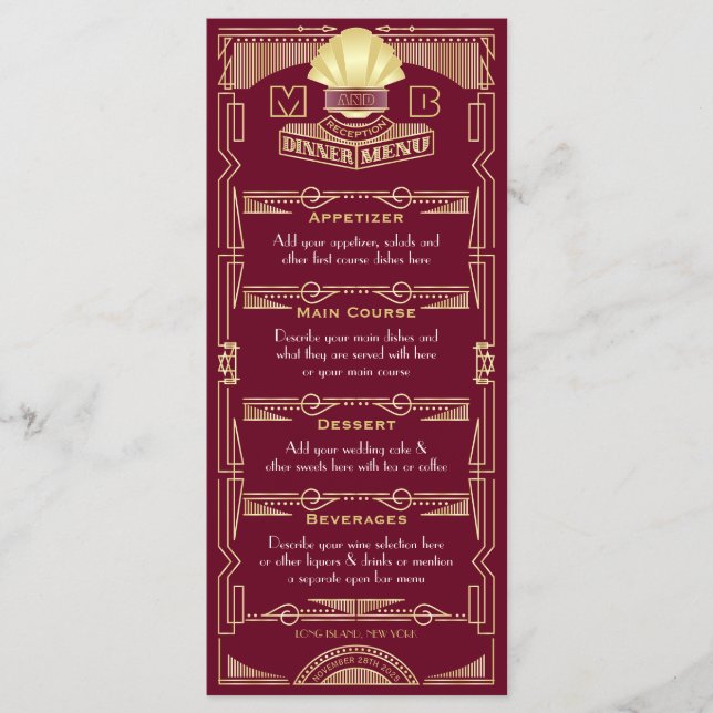 Menu Réception Mariage Art Déco Dîner Or Bourgogne (Devant)