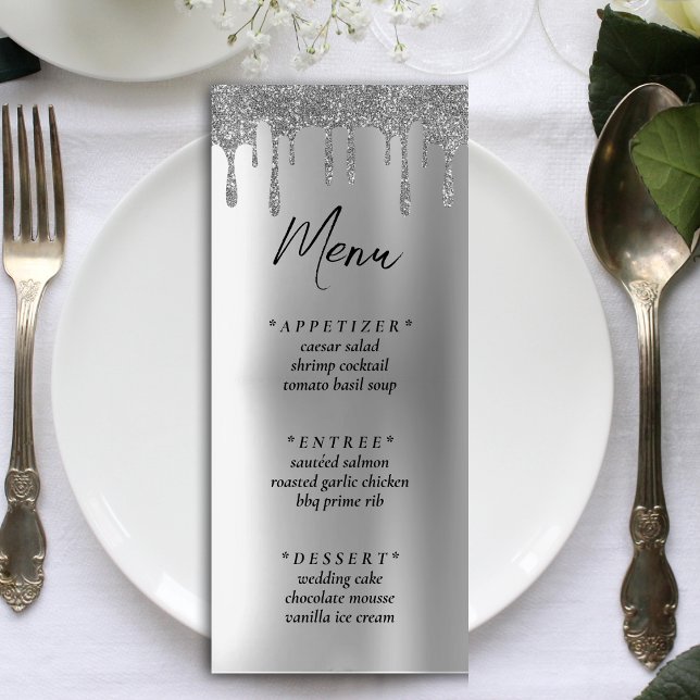 Menu Réception mariage Parties scintillant argent (Silver Glitter Drip Wedding Reception Menu)