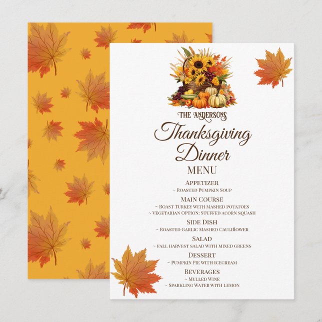 Menu Récolte Bouquet&Automne Feuilles Thanksgiving Dîne (Devant / Derrière)