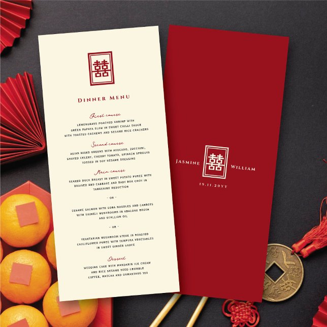 Menu Rectangle classique Double Bonheur Mariage chinois (Classic Rectangle Double Happiness Chinese Wedding Menu @ fatfatin_red_knot)