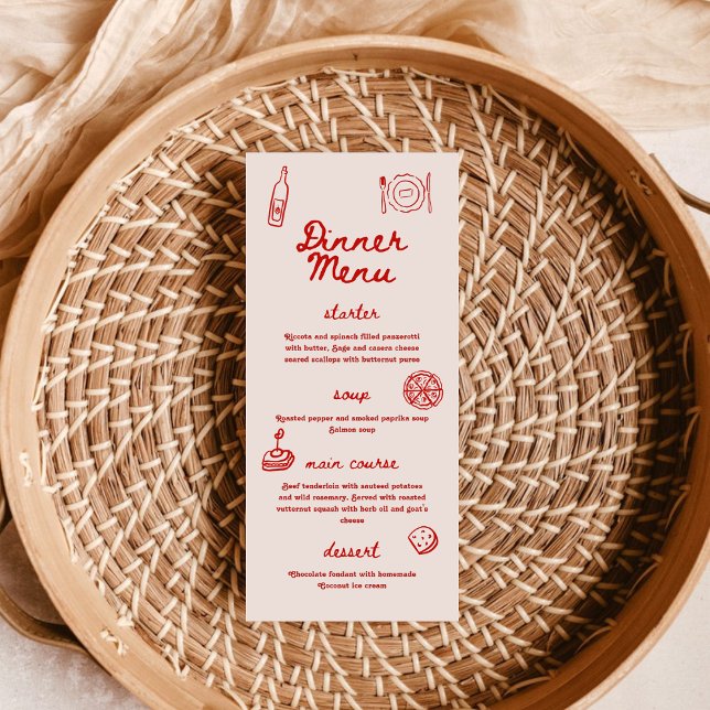 Menu Red and Pink Retro Illustrated | Dinner Wedding (Créateur téléchargé)