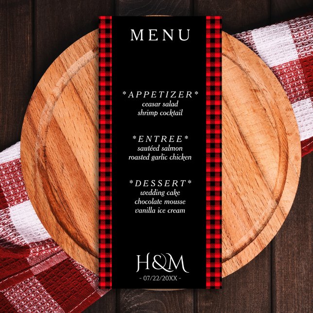 Menu Red Buffalo Plaid Diner Réception de mariage (black and red buffalo plaid wedding menu)
