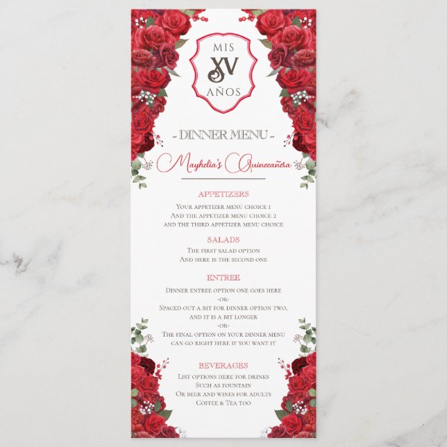 Menu Red Floral Western Charro Quinceañera Party (Devant)
