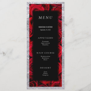Menu Red Roses Faux Silver Black Luxury Mariage