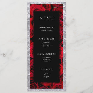 Menu Red Roses Faux Silver Black Luxury Mariage