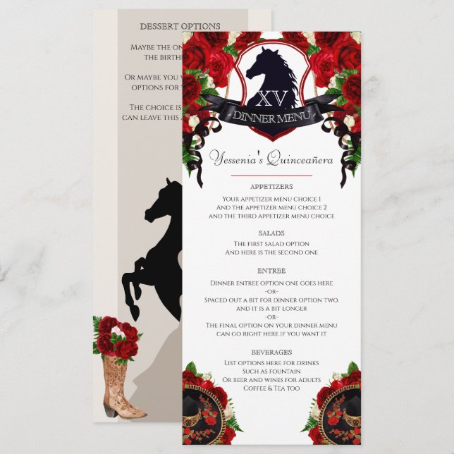Menu Red Roses Horse Crest Elegant Charro Quince Party (Devant / Derrière)