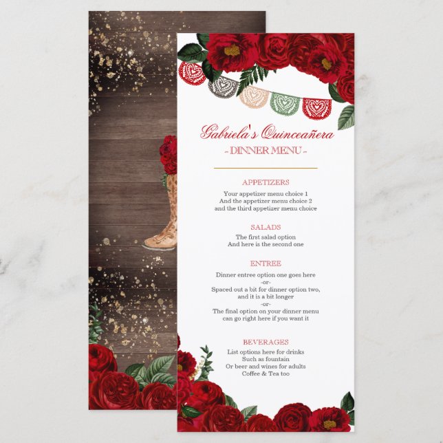Menu Red Roses Rustic Western Charra Party  (Devant / Derrière)