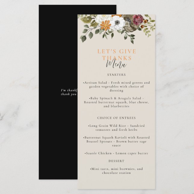 Menu Remercions Aquarelle Thanksgiving Black (Devant / Derrière)