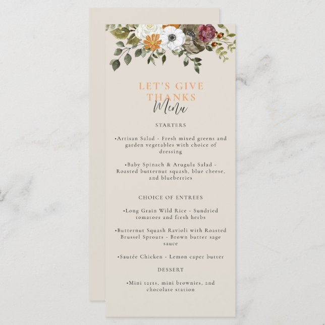 Menu Remercions Aquarelle Thanksgiving Ivory (Devant / Derrière)