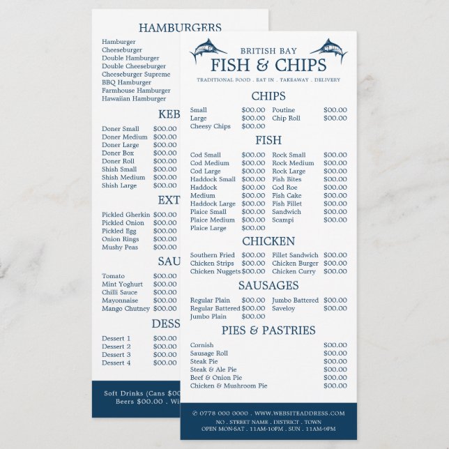 Menu Restaurant Fish & Chip Shop Slimline (Devant / Derrière)