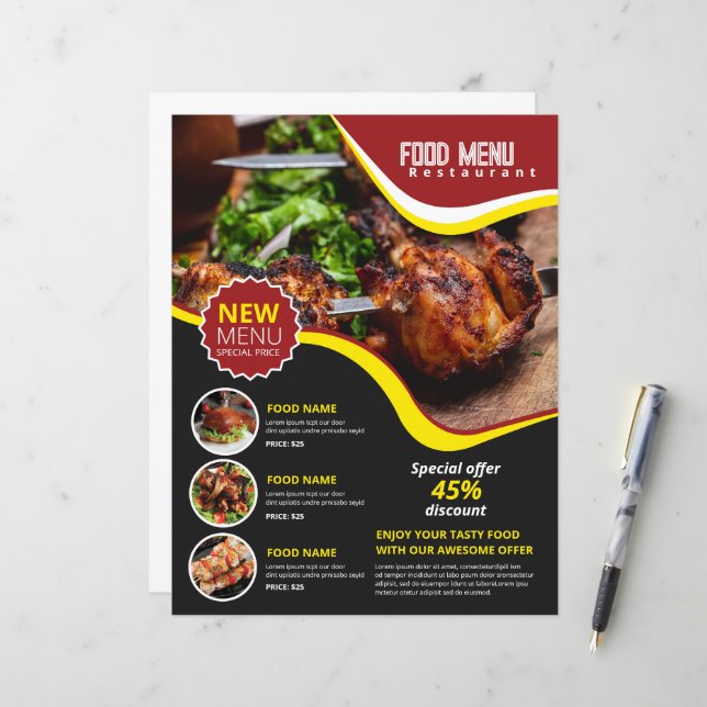 Menu Restaurant | Flyer du menu Aliments (Devant/Arrière en situation)