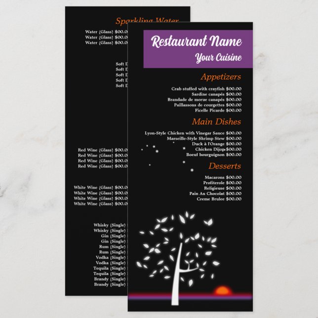 Menu Restaurant Soleil Ciel de Nuit, Format Réduit (Devant / Derrière)
