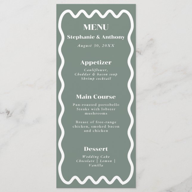 Menu Retro 1950 Wavy Edge Sage Green Mariage (Devant)