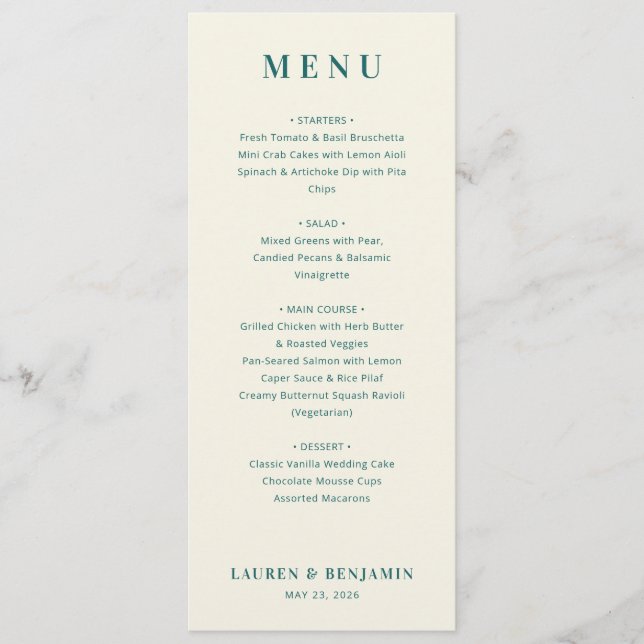 Menu Retro Botanica and Teal Wedding (Devant)