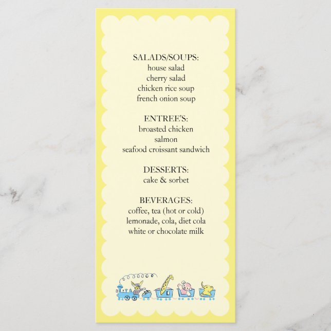 Menu Rétro insertion animale de baby shower du train | (Devant)
