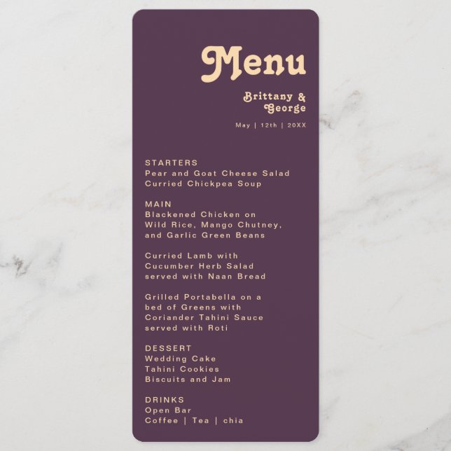Menu Rétro moderne | Mariage Décontracté arrondi violet (Devant)