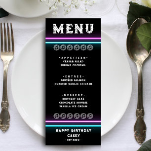 Menu Retro Neon rose & bleu rayé Anniversaire Dîner