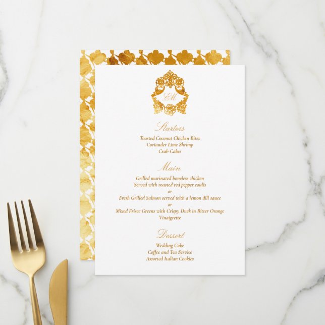 Menu Rococo d'or Foil Classic Sophistiqué (Devant/Arrière en situation)