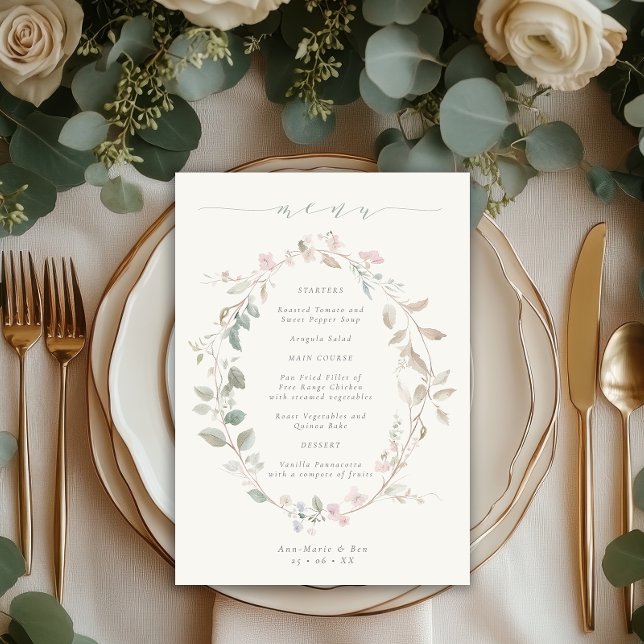 Menu Romantic Delicate Blush Floral Wreath Wedding (Créateur téléchargé)