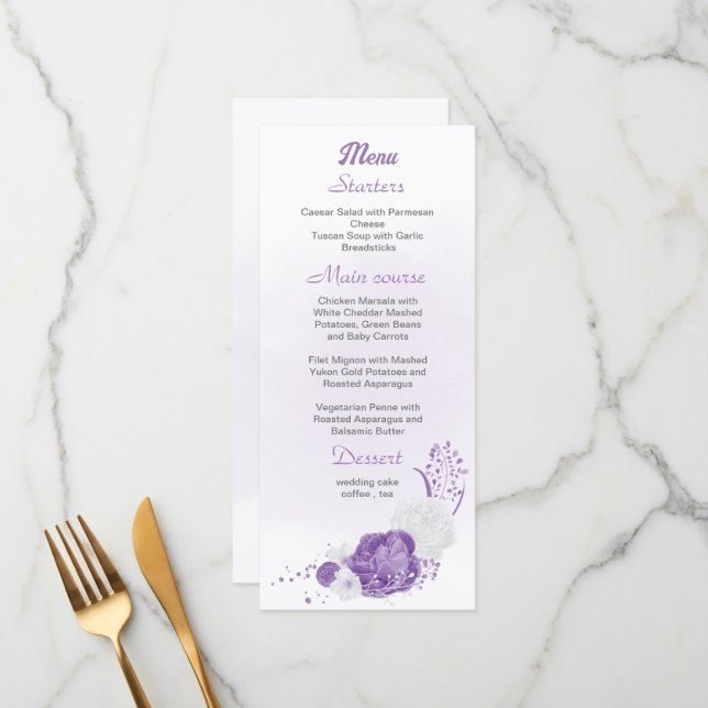 Menu romantique & blanc violet mariage (Devant/Arrière en situation)